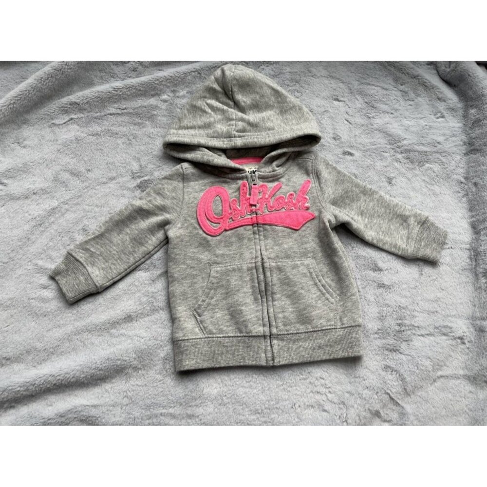 OshKosh Grey Front Zip Hoodie with Pink Lettering 9MO